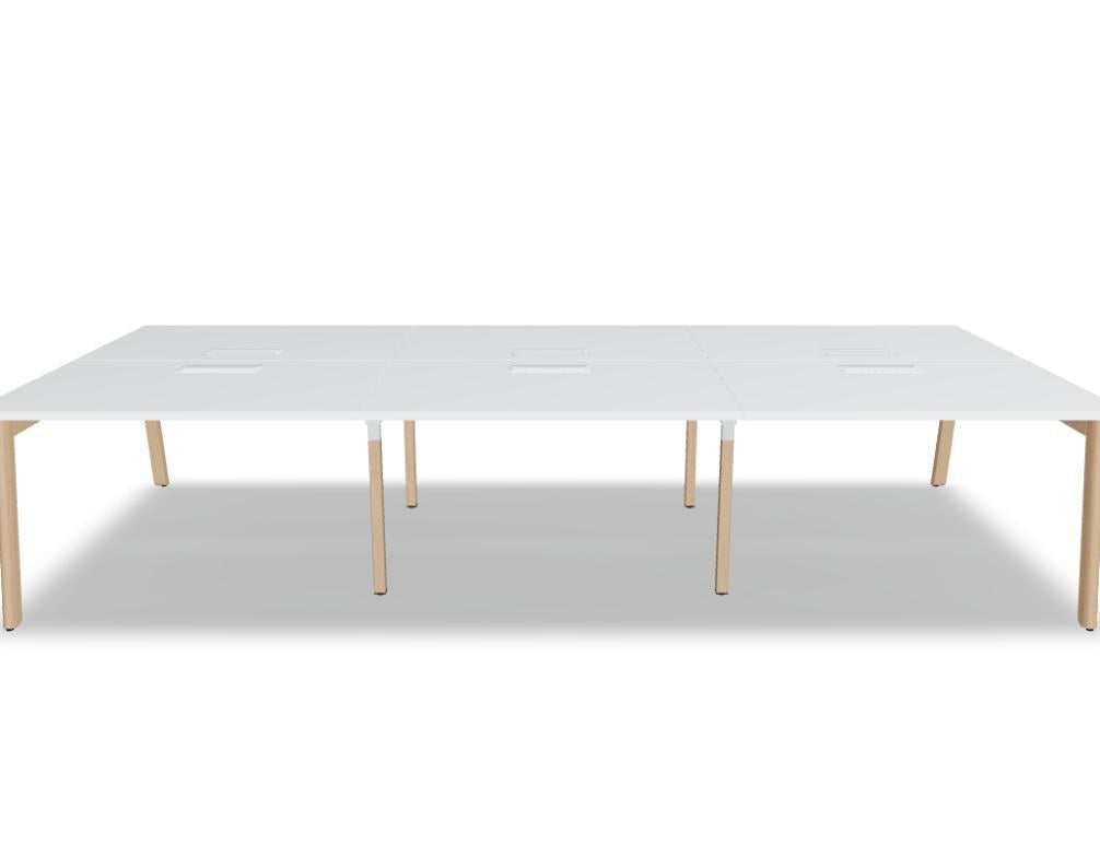 Doppelschreibtisch Ogi B Bench mit weisser Melaminplatte und Gestell aus natürlichem Buchenholz, zwei Arbeitsplätze nebeneinander.