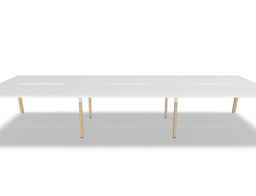 Doppelschreibtisch Ogi B Bench mit weisser Melaminplatte und Gestell aus natürlichem Buchenholz, zwei Arbeitsplätze nebeneinander.