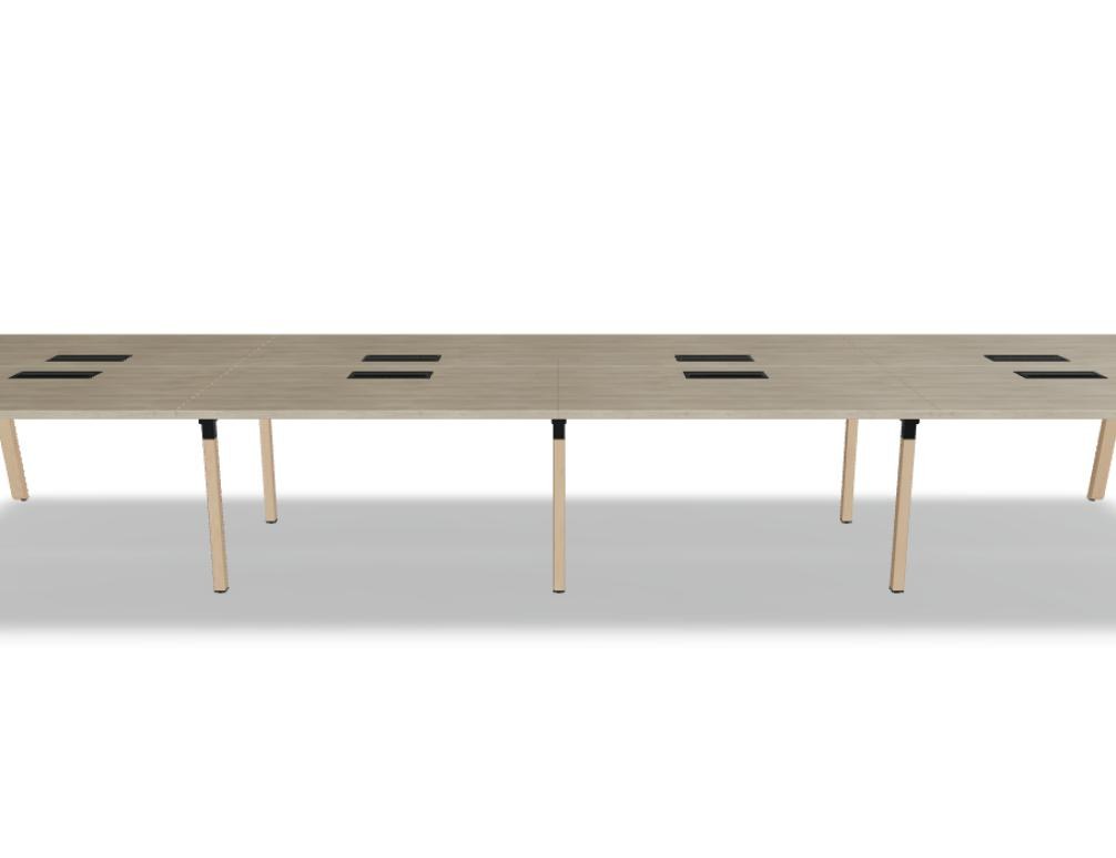 Doppelschreibtisch Ogi B Bench mit weisser Melaminplatte und Gestell aus natürlichem Buchenholz, zwei Arbeitsplätze nebeneinander.