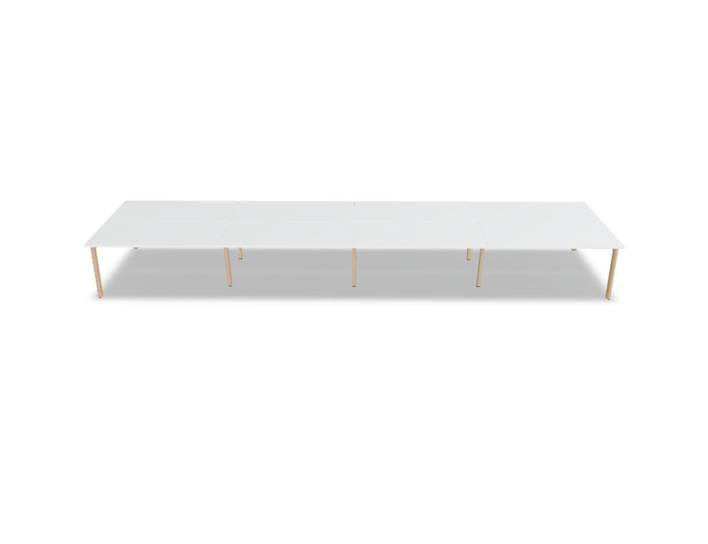 Doppelschreibtisch Ogi B Bench mit weisser Melaminplatte und Gestell aus natürlichem Buchenholz, zwei Arbeitsplätze nebeneinander.