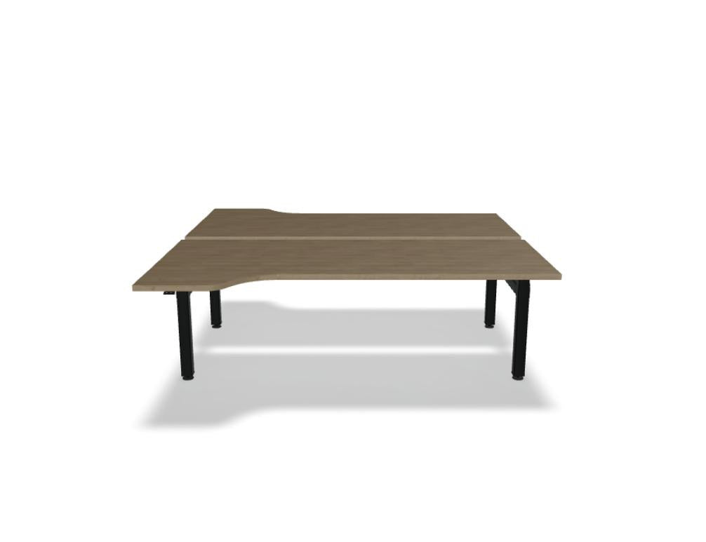 Doppelschreibtisch Ogi Drive Bench in Honigeiche mit schwarzem Metallgestell, zwei Teleskopsäulen und Bedienfeldern für Höhenverstellung.
