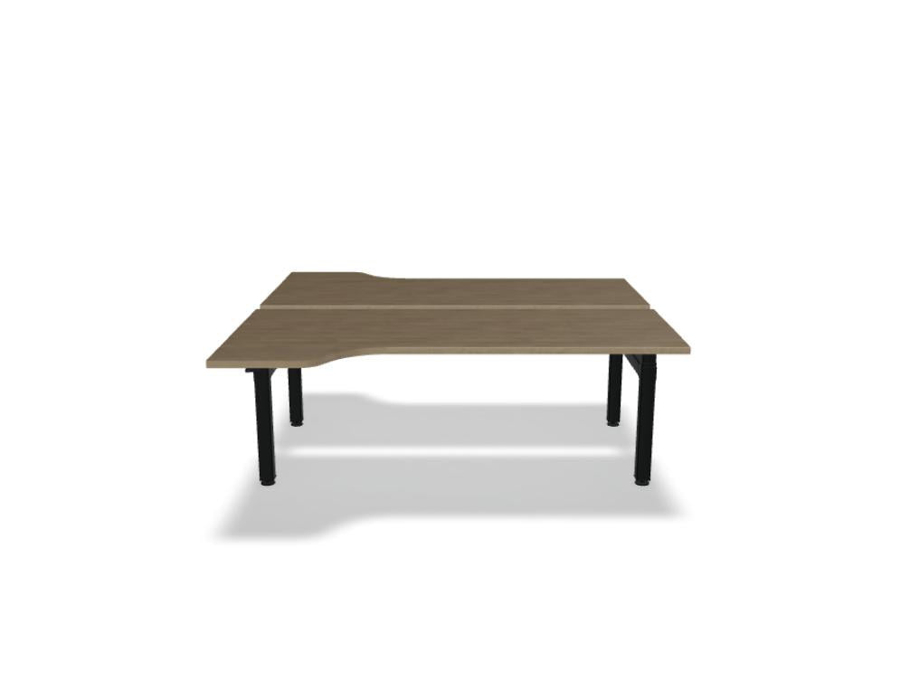 Doppelschreibtisch Ogi Drive Bench in Honigeiche mit schwarzem Metallgestell, zwei Teleskopsäulen und Bedienfeldern für Höhenverstellung.