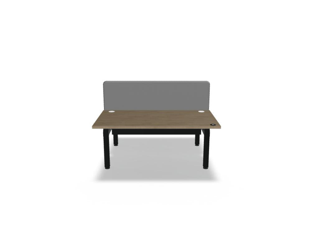Doppelschreibtisch Ogi Drive Bench von Mdd in Honigeiche mit schwarzem Metallgestell und zweimotorigem Hubmechanismus.