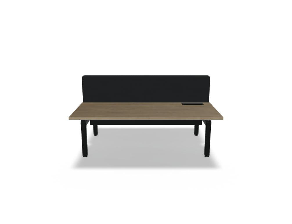 Doppelschreibtisch Ogi Drive Bench von Mdd in Honigeiche mit schwarzem Metallgestell und zweimotorigem Hubmechanismus.