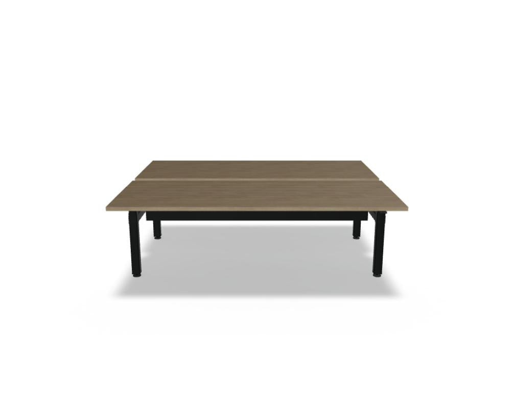 Doppelschreibtisch Ogi Drive Bench von Mdd in Honigeiche mit schwarzem Metallgestell und zweimotorigem Hubmechanismus.