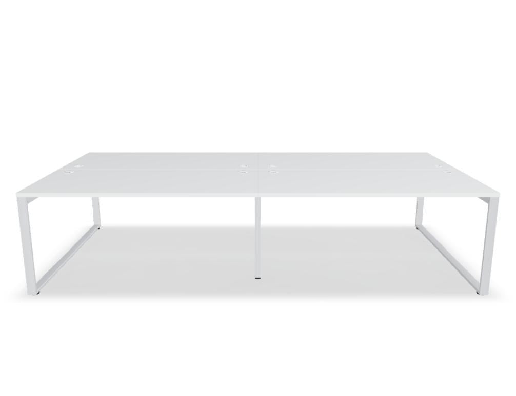 Doppelschreibtisch Ogi Q Bench mit Tischplatte in Honigeiche und schwarzem, pulverbeschichtetem Metallgestell, Ansicht von vorne.