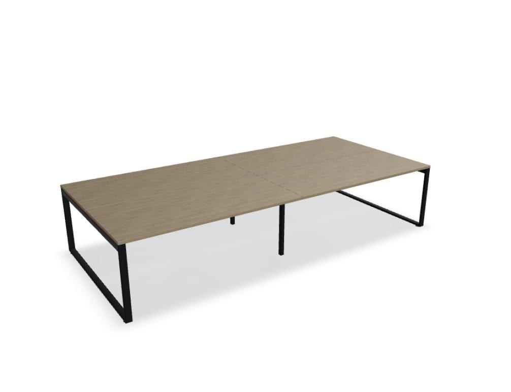 Doppelschreibtisch Ogi Q Bench mit Tischplatte in Honigeiche und schwarzem, pulverbeschichtetem Metallgestell, Ansicht von vorne.