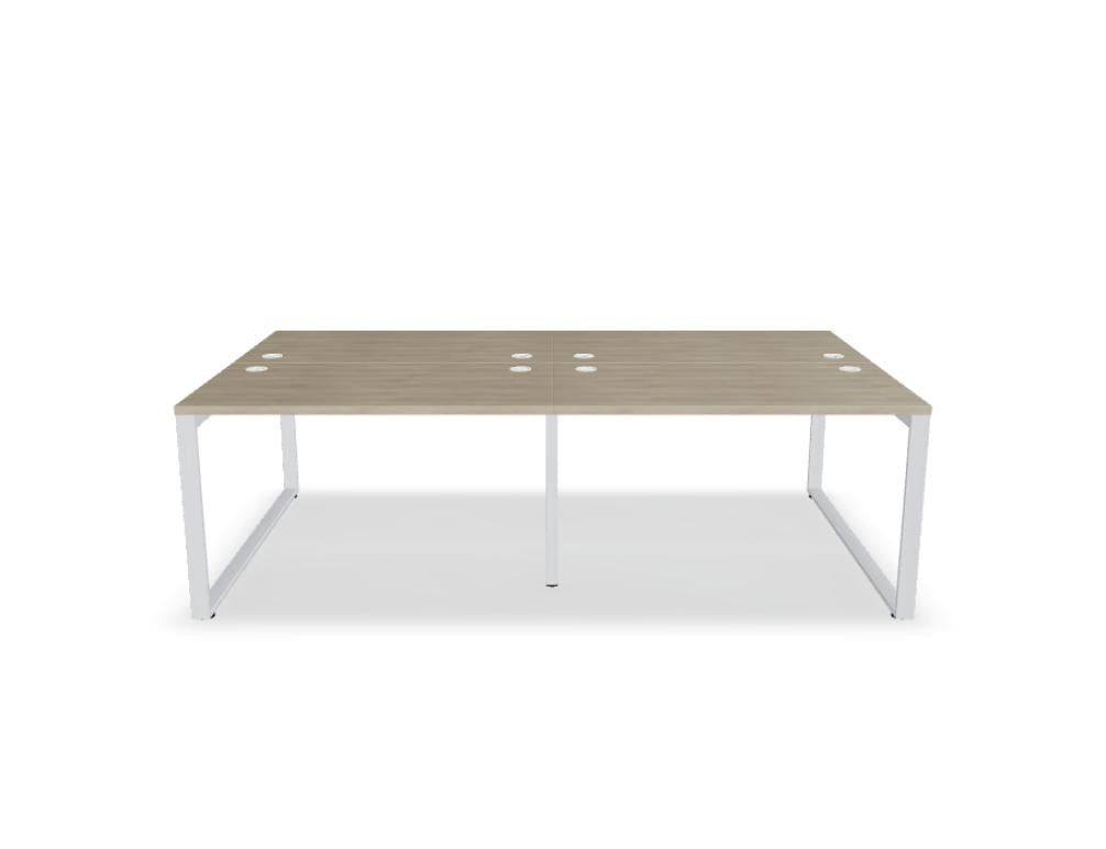Doppelschreibtisch Ogi Q Bench mit Tischplatte in Honigeiche und schwarzem, pulverbeschichtetem Metallgestell, Ansicht von vorne.