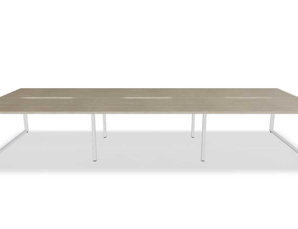 Doppelschreibtisch Ogi Q Bench mit Tischplatte in Honigeiche und schwarzem, pulverbeschichtetem Metallgestell, Ansicht von vorne.