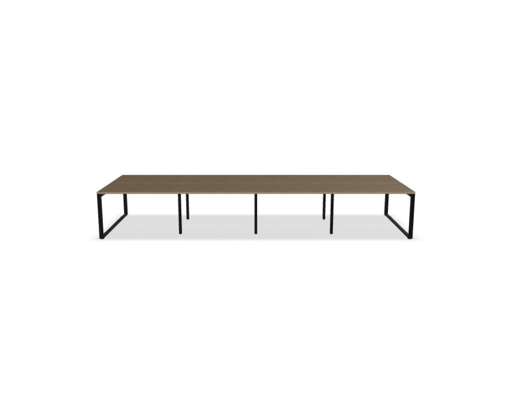Doppelschreibtisch Ogi Q Bench mit Tischplatte in Honigeiche und schwarzem, pulverbeschichtetem Metallgestell, Ansicht von vorne.