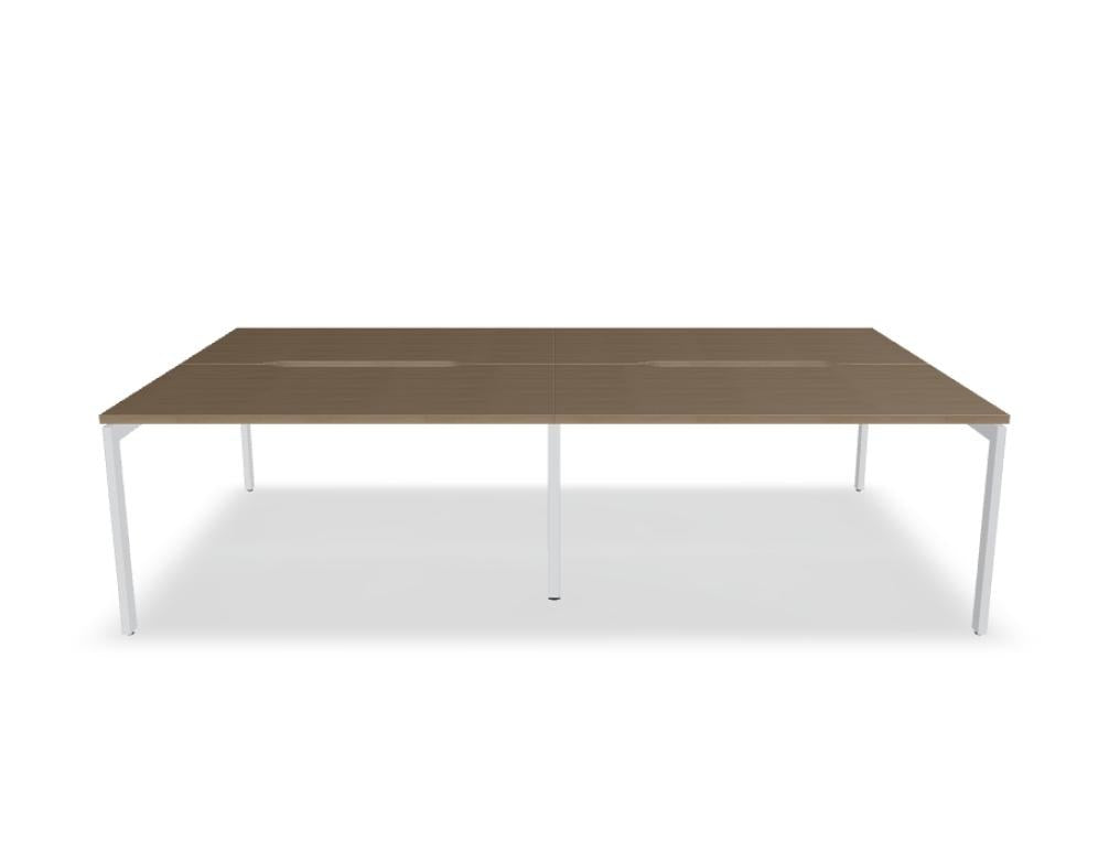Doppelschreibtisch Ogi U Bench von Mdd mit Melaminplatte in Honigeiche und schwarzem Metallgestell, für zwei Arbeitsplätze.