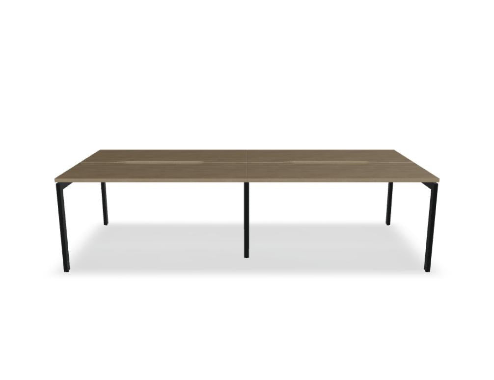 Doppelschreibtisch Ogi U Bench von Mdd mit Melaminplatte in Honigeiche und schwarzem Metallgestell, für zwei Arbeitsplätze.