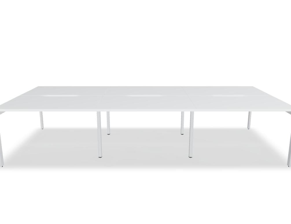 Doppelschreibtisch Ogi U Bench von Mdd mit Melaminplatte in Honigeiche und schwarzem Metallgestell, für zwei Arbeitsplätze.