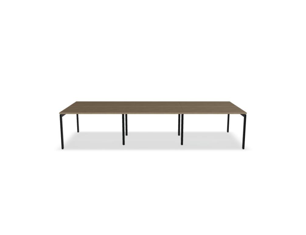 Doppelschreibtisch Ogi U Bench von Mdd mit Melaminplatte in Honigeiche und schwarzem Metallgestell, für zwei Arbeitsplätze.