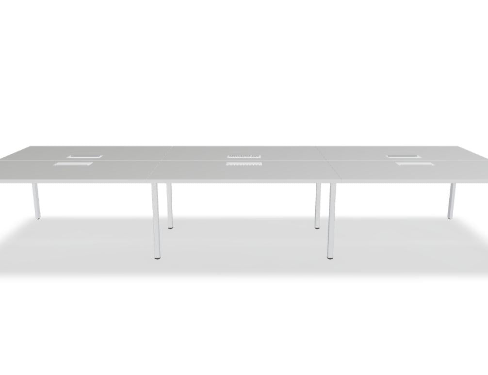 Bürotisch-Oberfläche in warmem Buchenholzton, mit grauen Metallbeinen, eleganter Doppelschreibtisch-Ansatz, kompakt und modern