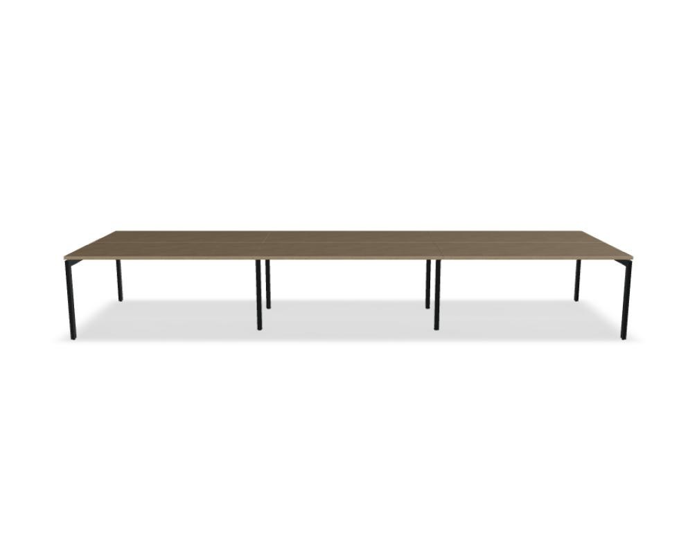 Doppelschreibtisch Ogi U Bench von Mdd mit Melaminplatte in Honigeiche und schwarzem Metallgestell, für zwei Arbeitsplätze.