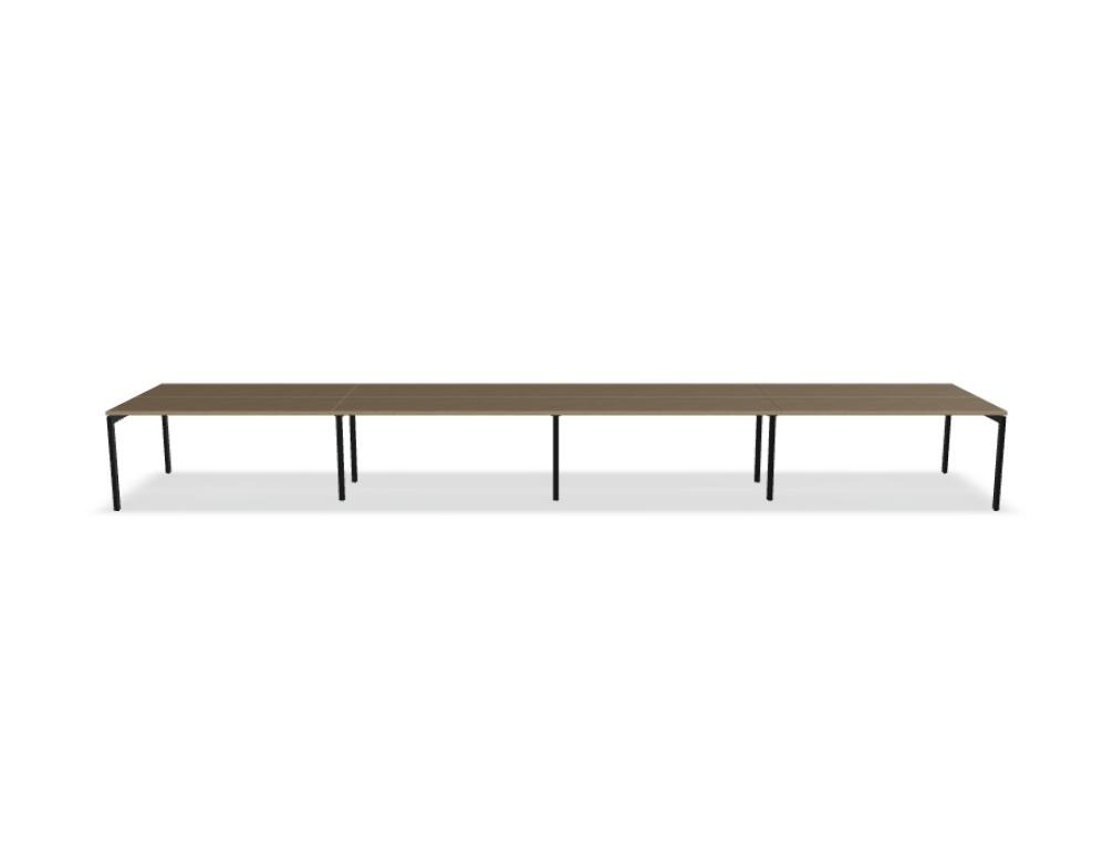 Doppelschreibtisch Ogi U Bench von Mdd mit Melaminplatte in Honigeiche und schwarzem Metallgestell, für zwei Arbeitsplätze.