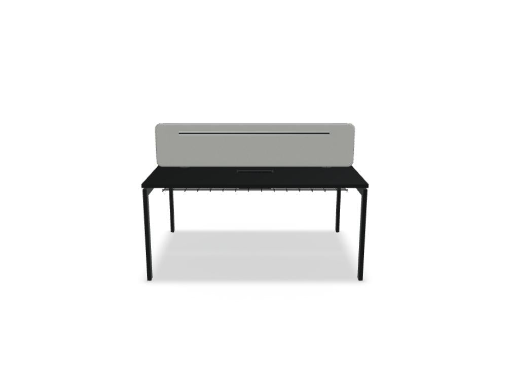 Doppelschreibtisch Ogi U Bench von Mdd mit Melaminplatte in Honigeiche und schwarzem Metallgestell, für zwei Arbeitsplätze.