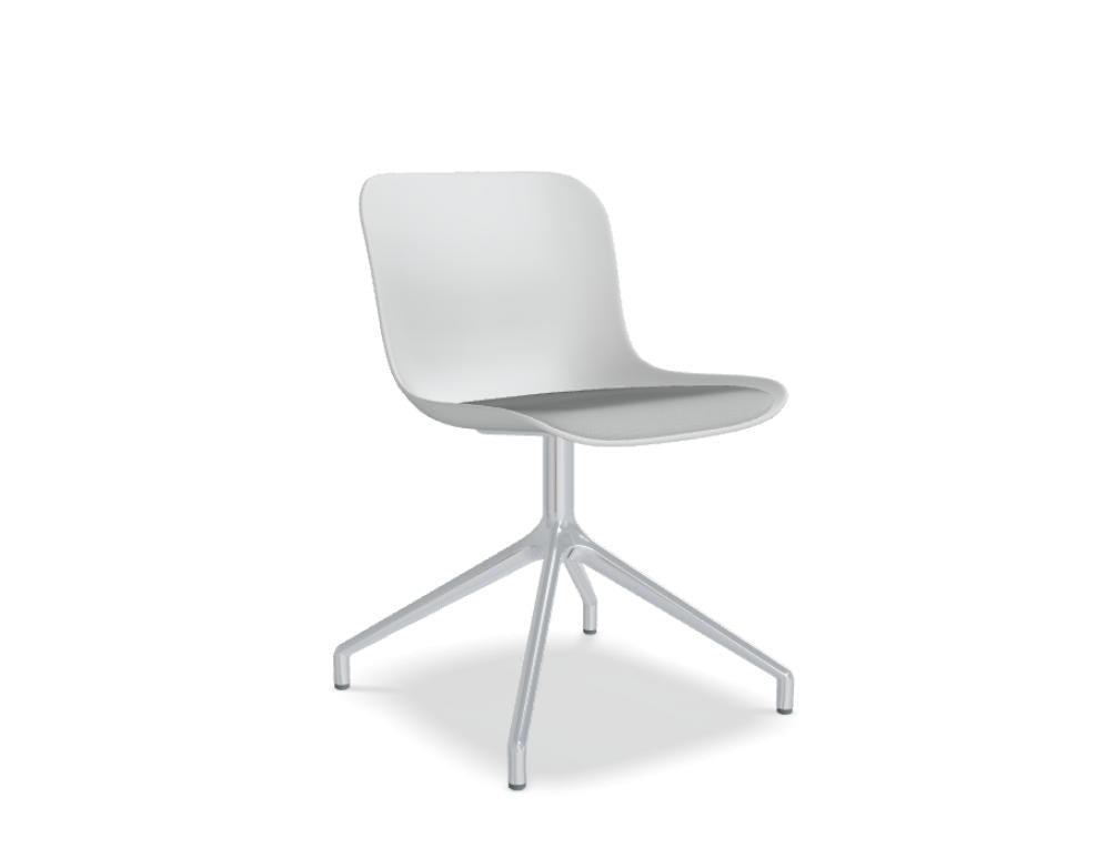 Drehstuhl Baltic 2 Remix mit olivgrüner Kunststoff-Sitzschale, gepolstertem Sitzkissen und poliertem Aluminium-Gestell mit 4-Sternfuss.