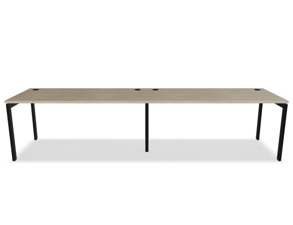 Schreibtisch Ogi U von Mdd mit Tischplatte in Honigeiche und pulverbeschichtetem, schwarzem Metallgestell im minimalistischen Design.
