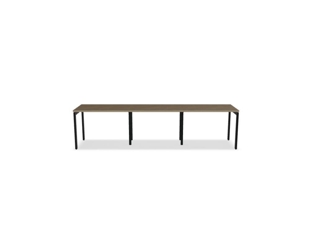 Schreibtisch Ogi U von Mdd mit Tischplatte in Honigeiche und pulverbeschichtetem, schwarzem Metallgestell im minimalistischen Design.