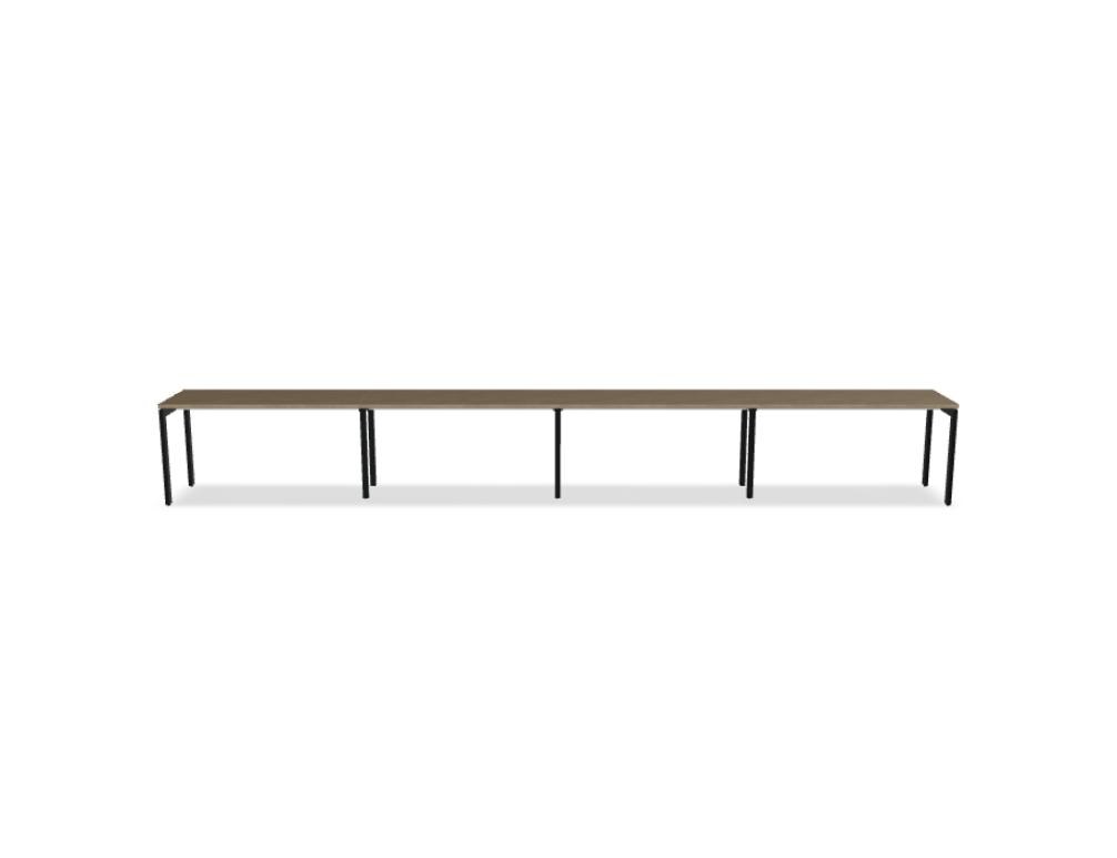 Schreibtisch Ogi U von Mdd mit Tischplatte in Honigeiche und pulverbeschichtetem, schwarzem Metallgestell im minimalistischen Design.