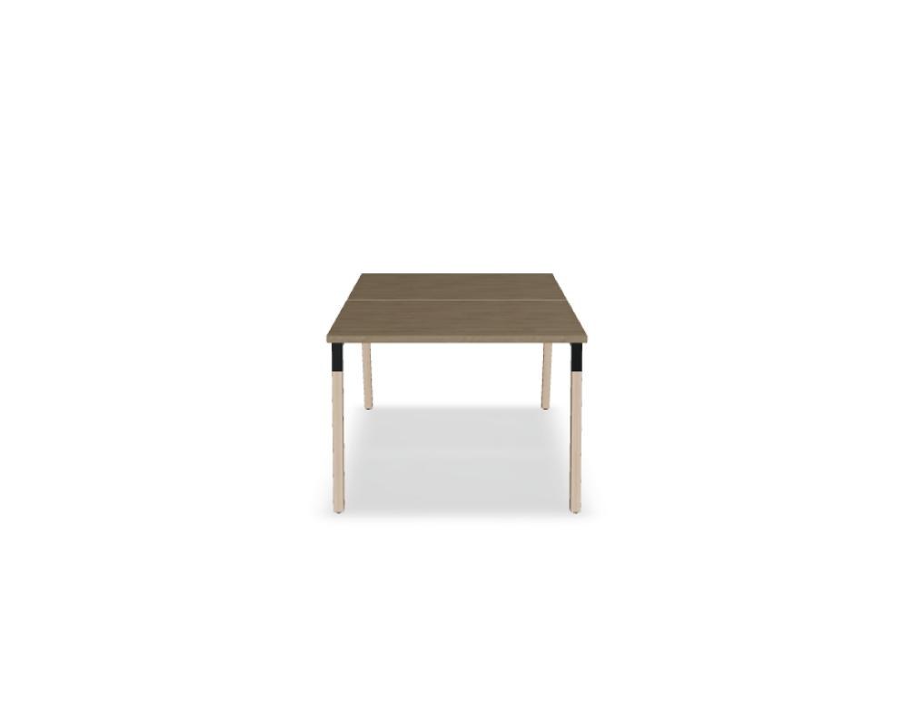 Doppelschreibtisch Ogi W Bench mit Platte in Honigeiche, Gestell aus Eschenholz und schwarzem Metallrahmen, für zwei Arbeitsplätze.