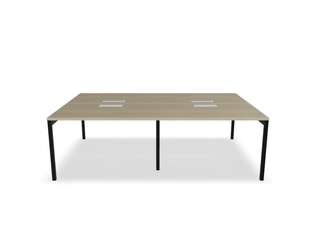 Doppelschreibtisch Ogi Y Bench von Mdd in Honigeiche mit schwarzem Metallgestell, Tischplatte für zwei Arbeitsplätze nebeneinander.