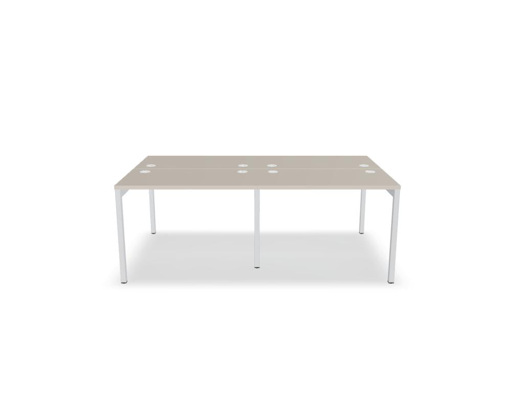 Vorderansicht des Ogi Y Bench BOY50E2 Doppelschreibtisches: Modernes, helles Holzfinish, klare Linien, kompakte Doppel-Arbeitsfläche mit integrierter L-förmiger Gestaltung