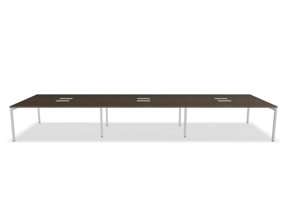Doppelschreibtisch Ogi Y Bench von Mdd in Honigeiche mit schwarzem Metallgestell, Tischplatte für zwei Arbeitsplätze nebeneinander.