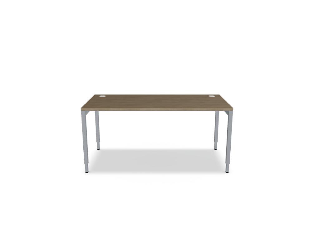 Foto des Ogi Y Schreibtisches von Mdd in Honigeiche mit schwarzem, halbmattem Metallgestell und manueller Höhenverstellung von 640 bis 860 mm.