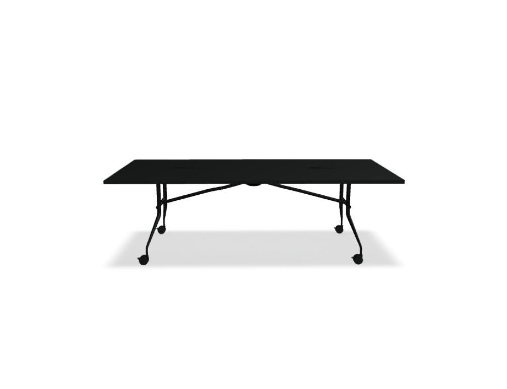 Klapptisch Plica von Mdd mit Tischplatte in Eiche Natur, schwarzem Stahlgestell und Rollen mit Bremse, zusammenklappbar.