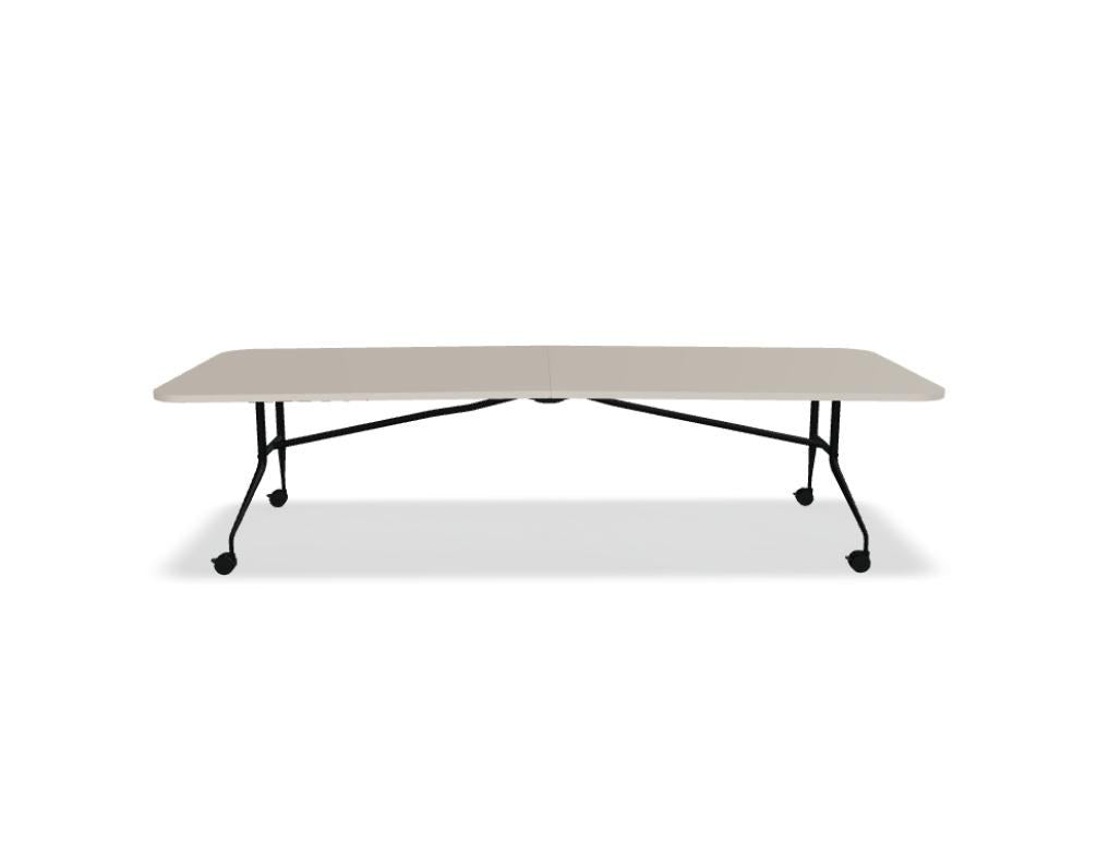 Klapptisch Plica von Mdd mit Tischplatte in Eiche Natur, schwarzem Stahlgestell und Rollen mit Bremse, zusammenklappbar.