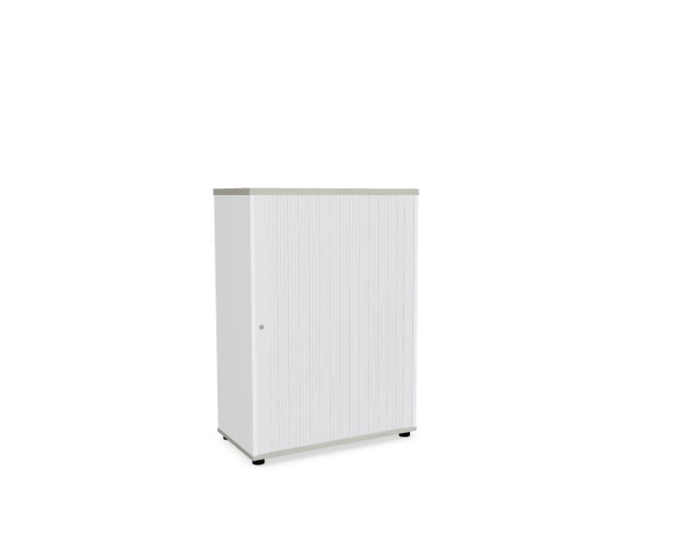Weisser Büroschrank Standard von Mdd mit Rollladenfront, Korpus in Weiss Pastell, Ober- und Bodenplatte in Eiche Natur, mit Füssen.