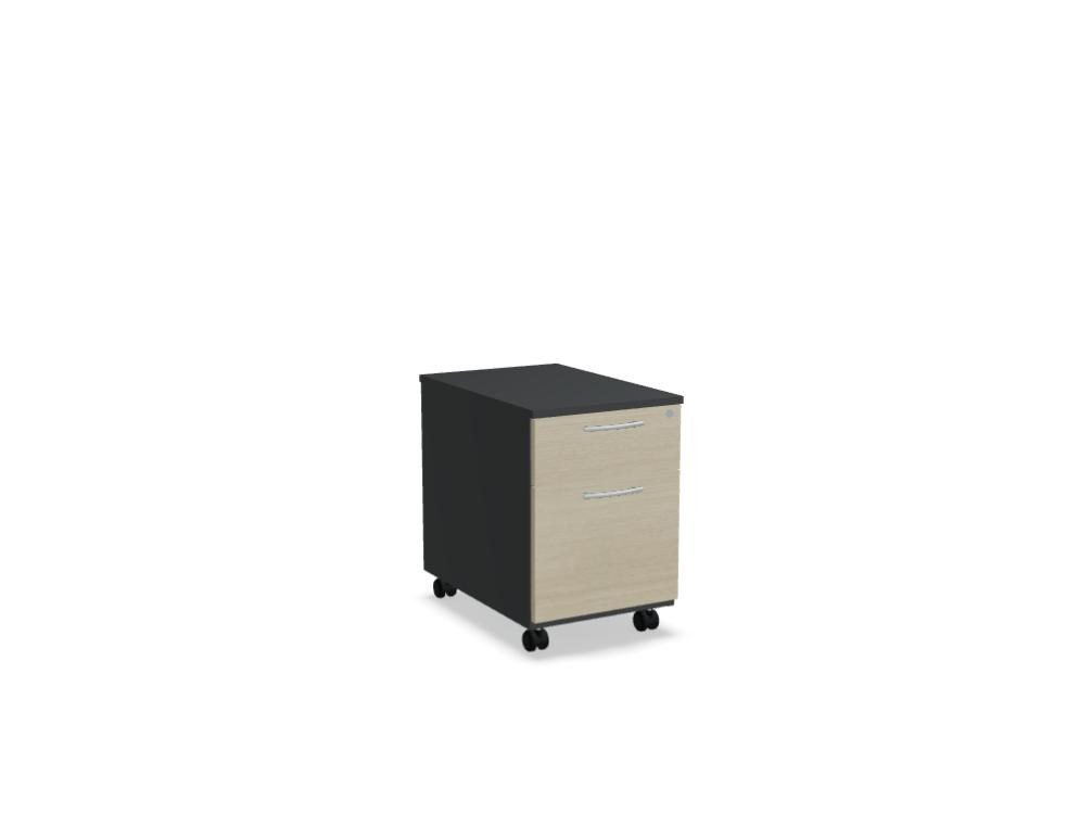 Schwarzer Rollcontainer Basic von Mdd aus Melaminplatte mit ABS-Umleimer, drei Schubladen, Aluminiumgriffen und Rollen mit Bremse.