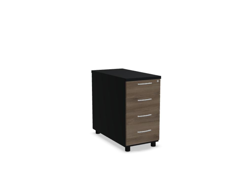 Schwarzer Standcontainer mit mehreren Schubladen, Melaminplatte, Aluminiumgriff und Rollen, freistehend im Büro.
