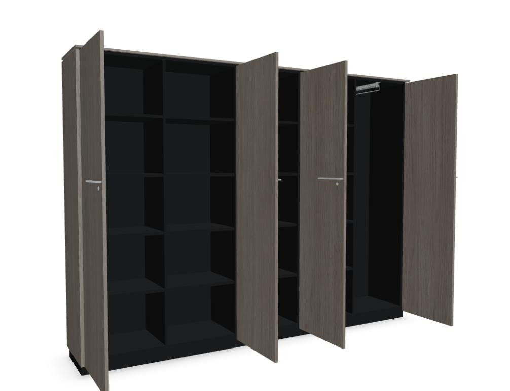 Halbregal der Serie Status von Mdd in Anthrazit mit offenen Fachböden, geschlossenem Schrankteil und Aluminiumgriffen als Standregal.