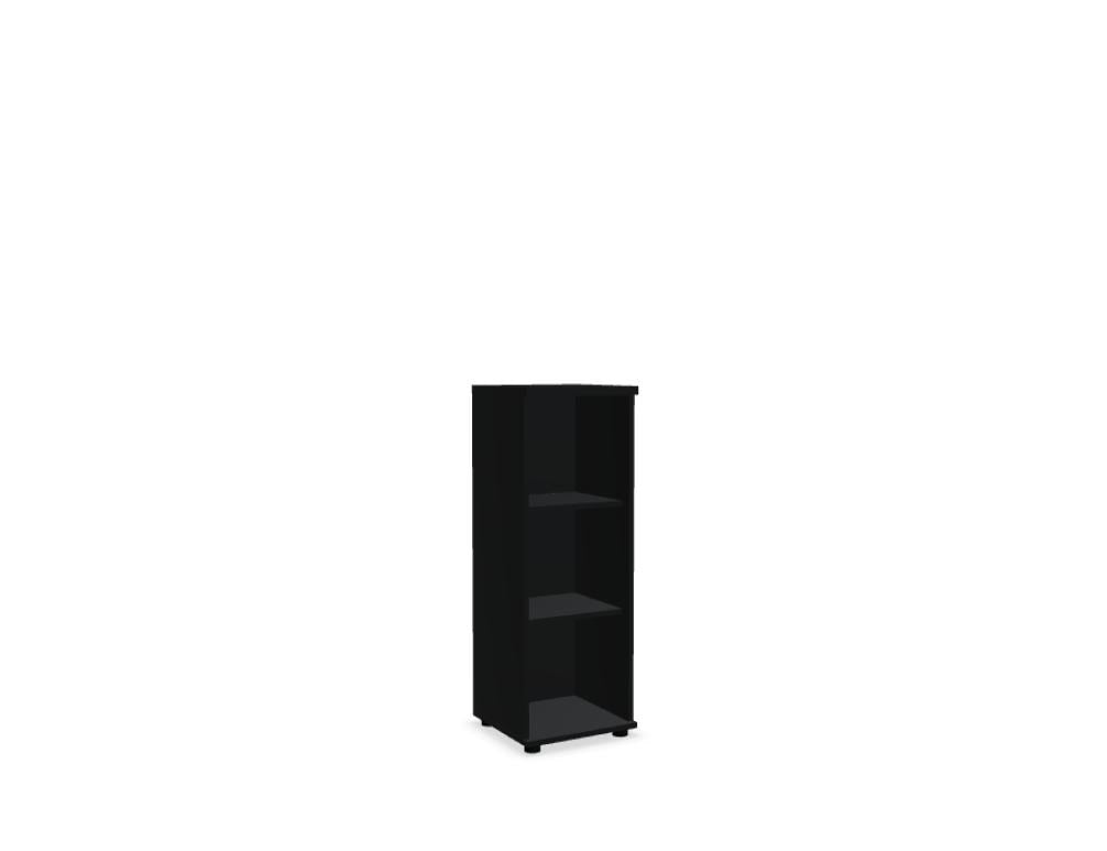 Schwarzes Standregal Basic von Mdd aus Melaminplatte mit mehreren Fachböden, geschlossener Rückwand und Stellfüssen, freistehend fotografiert.