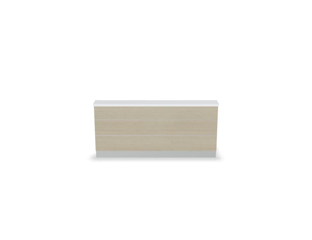 Valde LAL23L modulare Empfangstheke von Mdd mit Holzfront und weißem Korpus für moderne Empfangsbereiche.