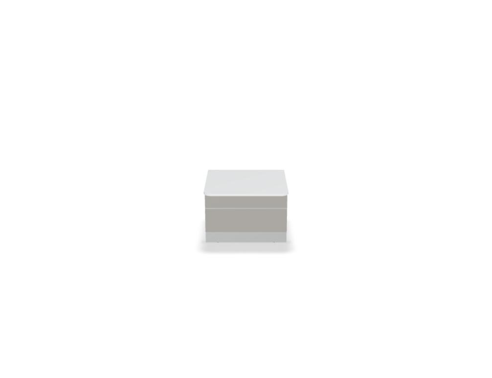 Empfangstheke Valde in Weiss Pastell mit Glas-Oberplatte, Aluminium-Dekorstreifen, HPL-Hochglanzfront und durchgehender LED-Beleuchtung an der Thekenlänge