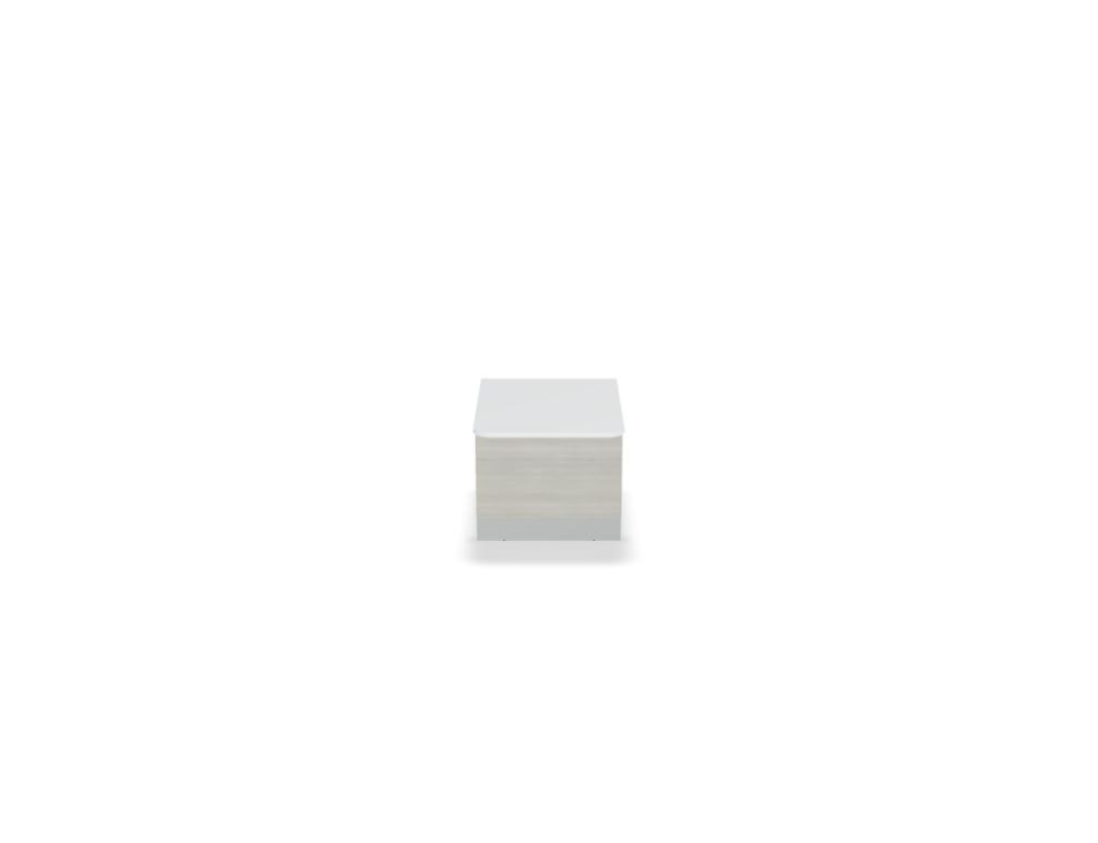 Empfangstheke Valde in Weiss Pastell mit Glas-Oberplatte, Aluminium-Dekorstreifen, HPL-Hochglanzfront und durchgehender LED-Beleuchtung an der Thekenlänge