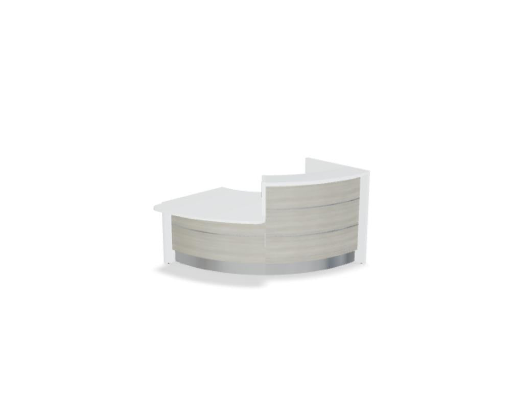Empfangstheke Valde in Weiss Pastell mit Glas-Oberplatte, Aluminium-Dekorstreifen, HPL-Hochglanzfront und durchgehender LED-Beleuchtung an der Thekenlänge