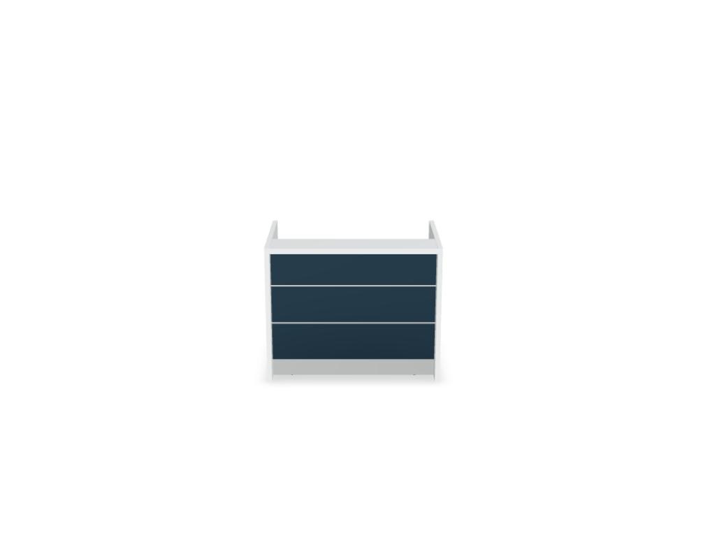 Empfangstheke Valde in Weiss Pastell mit Glas-Oberplatte, Aluminium-Dekorstreifen, HPL-Hochglanzfront und durchgehender LED-Beleuchtung an der Thekenlänge