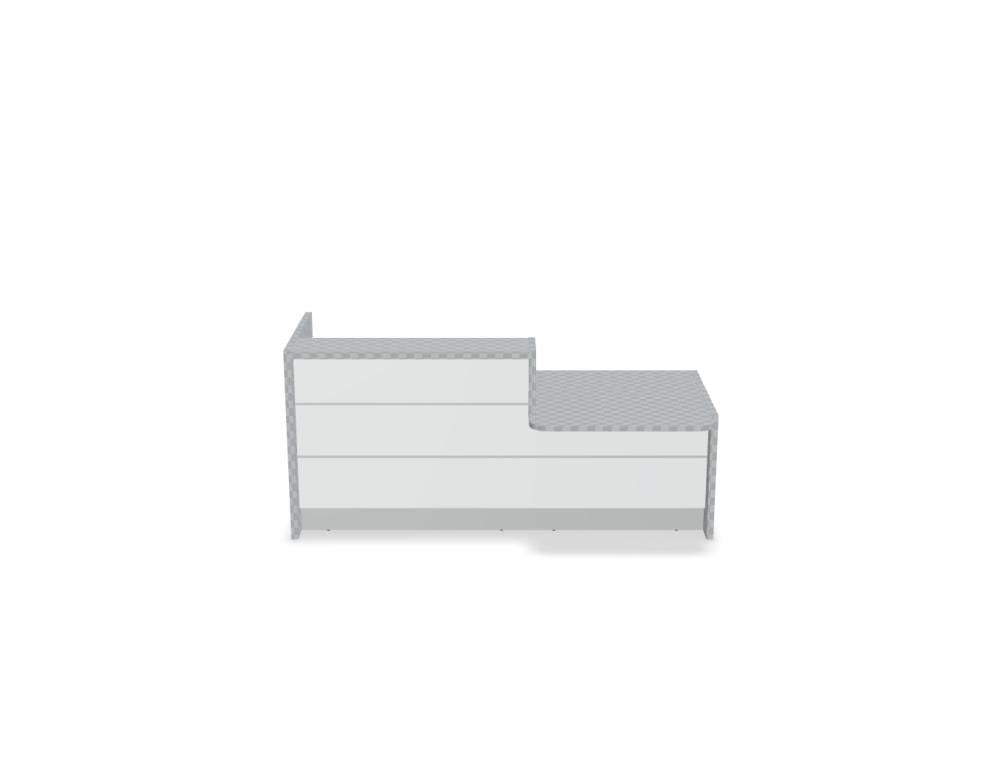 Empfangstheke Valde in Weiss Pastell mit Glas-Oberplatte, Aluminium-Dekorstreifen, HPL-Hochglanzfront und durchgehender LED-Beleuchtung an der Thekenlänge