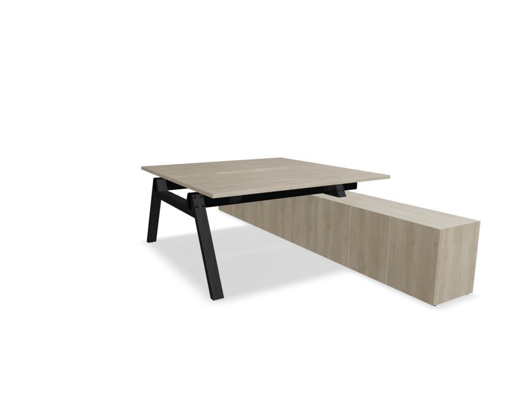 Doppelschreibtisch Viga von Mdd mit Managerschrank, Farbe Dunkle Walnuss, Aluminiumgestell, Naturholz-Fuss aus Eiche, Grösse 160x240x74 cm.