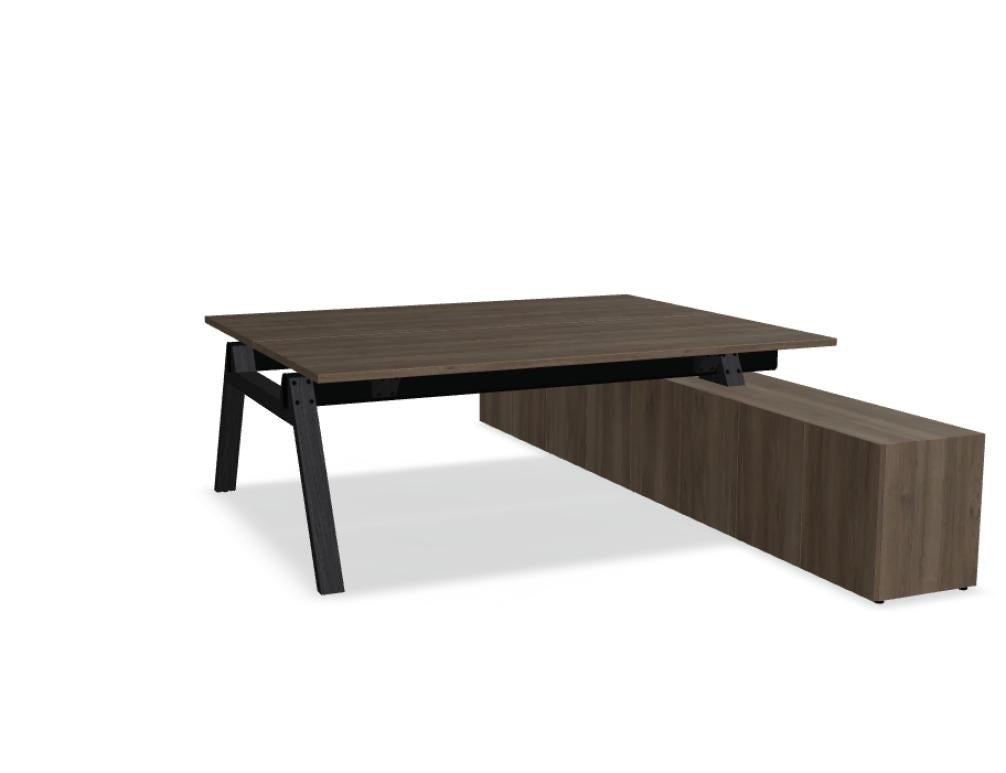 Doppelschreibtisch Viga von Mdd mit Managerschrank, Farbe Dunkle Walnuss, Aluminiumgestell, Naturholz-Fuss aus Eiche, Grösse 160x240x74 cm.