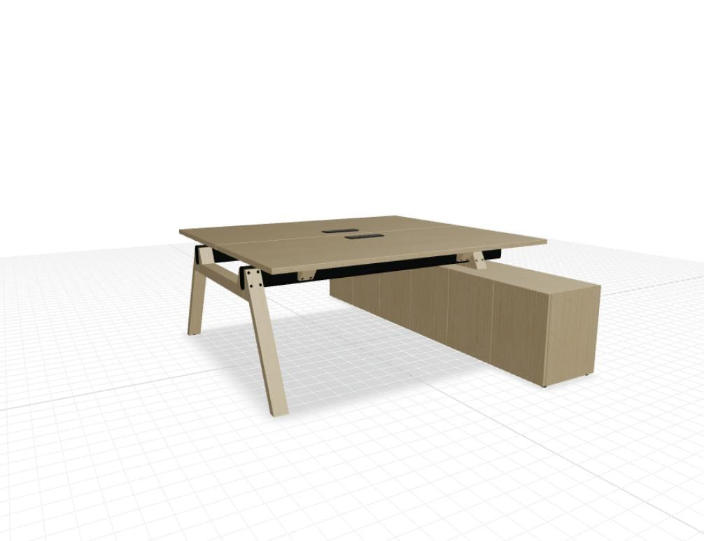 Doppelschreibtisch Viga von Mdd mit Managerschrank, Farbe Dunkle Walnuss, Aluminiumgestell, Naturholz-Fuss aus Eiche, Grösse 160x240x74 cm.