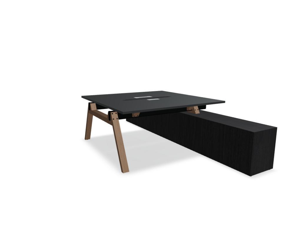Doppelschreibtisch Viga von Mdd mit Managerschrank, Farbe Dunkle Walnuss, Aluminiumgestell, Naturholz-Fuss aus Eiche, Grösse 160x240x74 cm.