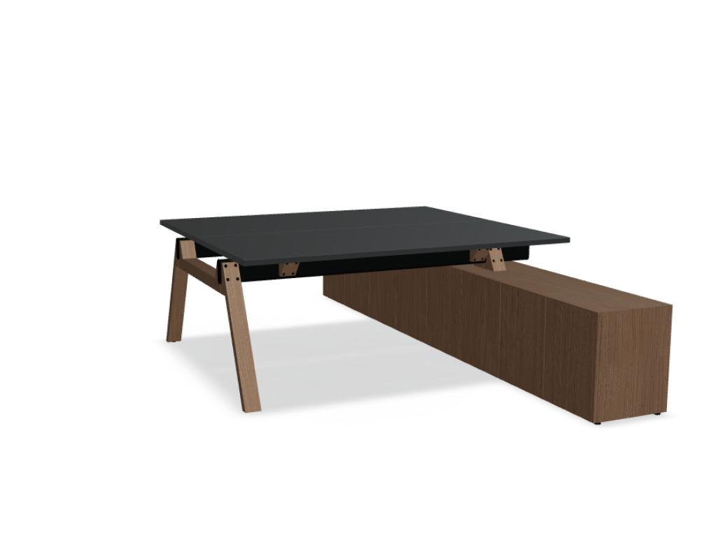 Doppelschreibtisch Viga von Mdd mit Managerschrank, Farbe Dunkle Walnuss, Aluminiumgestell, Naturholz-Fuss aus Eiche, Grösse 160x240x74 cm.