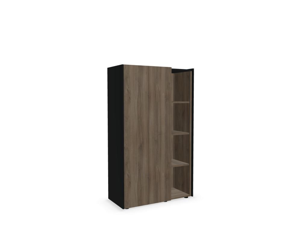 Schwarzer Kleiderschrank Viga mit geschlossenem Fach, ausziehbarem Kleiderbügel und offenen Regalfächern, Front in dunkler Walnuss, Hersteller Mdd.
